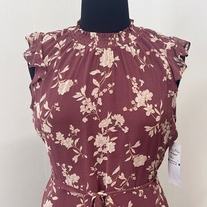 Nina Leonard Women’s XL Floral Midi Dress Burgundy Pink Ruffle Sleeve Belted